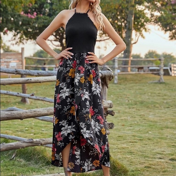 Floral Print Tulip Hem Tie Back Halter Dress - Picture 3 of 8